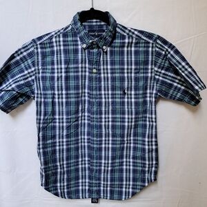 Ralph Lauren Boys Blue Green Plaid Short Sleeve Button‎ Down Shirt Size 7 Cotton